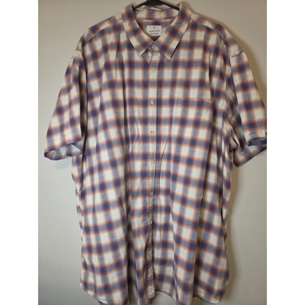 Mutual Weave Mens 4XLT Plaid Short Sleeve Button Down Shirt Blue Orange Cotton